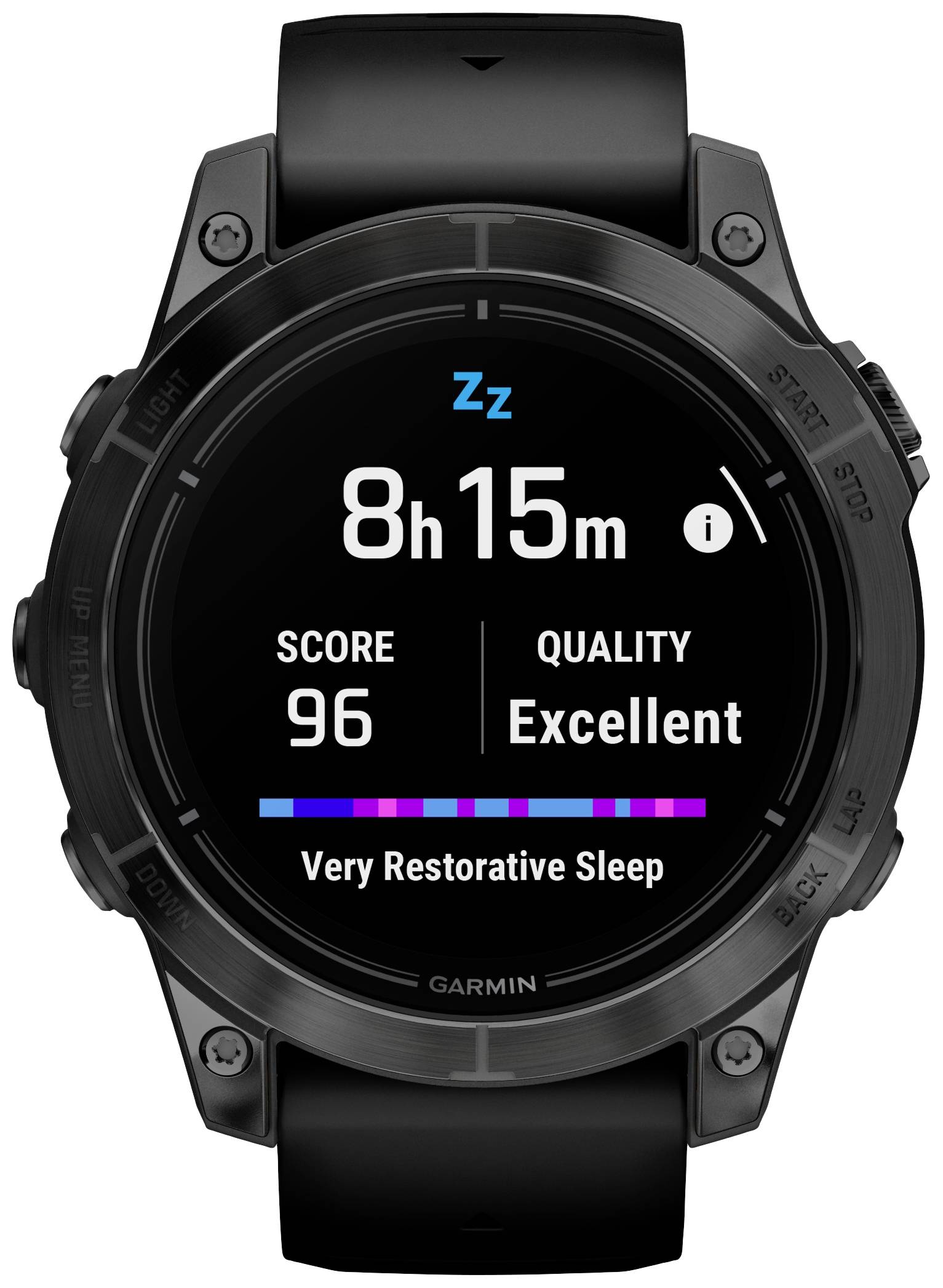 Smartwatch with sleep display: 8 hours, 15 minutes of sleep; Rating 96, Quality 'Excellent', 'Very Restorative Sleep' shown.