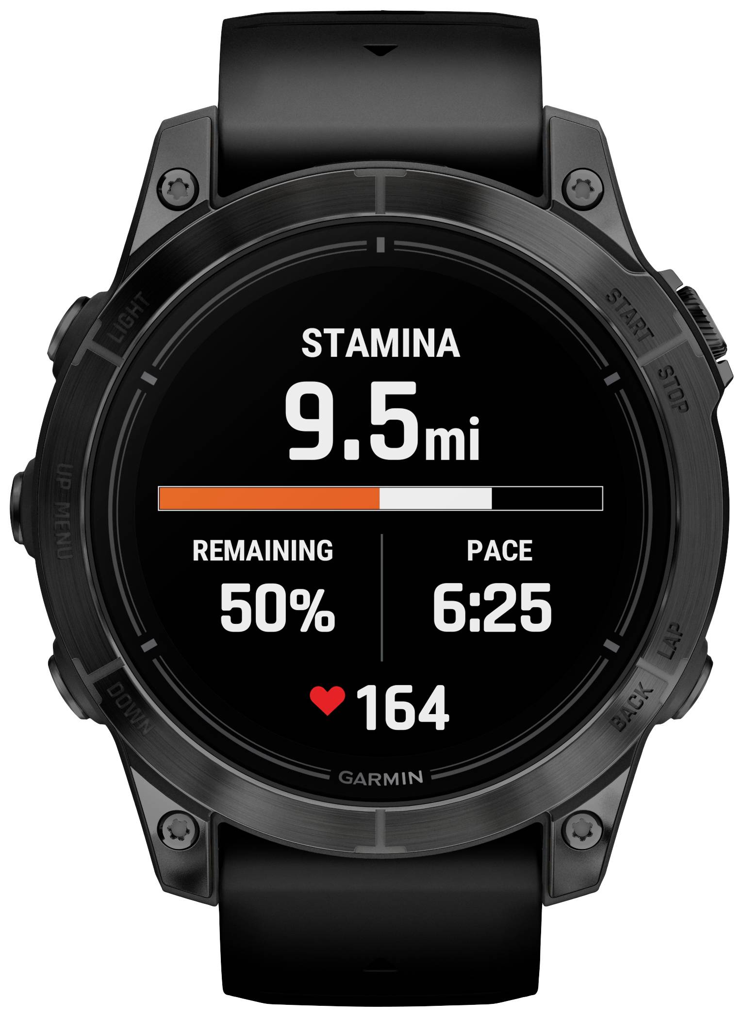 A black sports watch displays 'Stamina 9.5 miles', 'Remaining 50%', 'Pace 6:25' and 'Heart rate 164'.