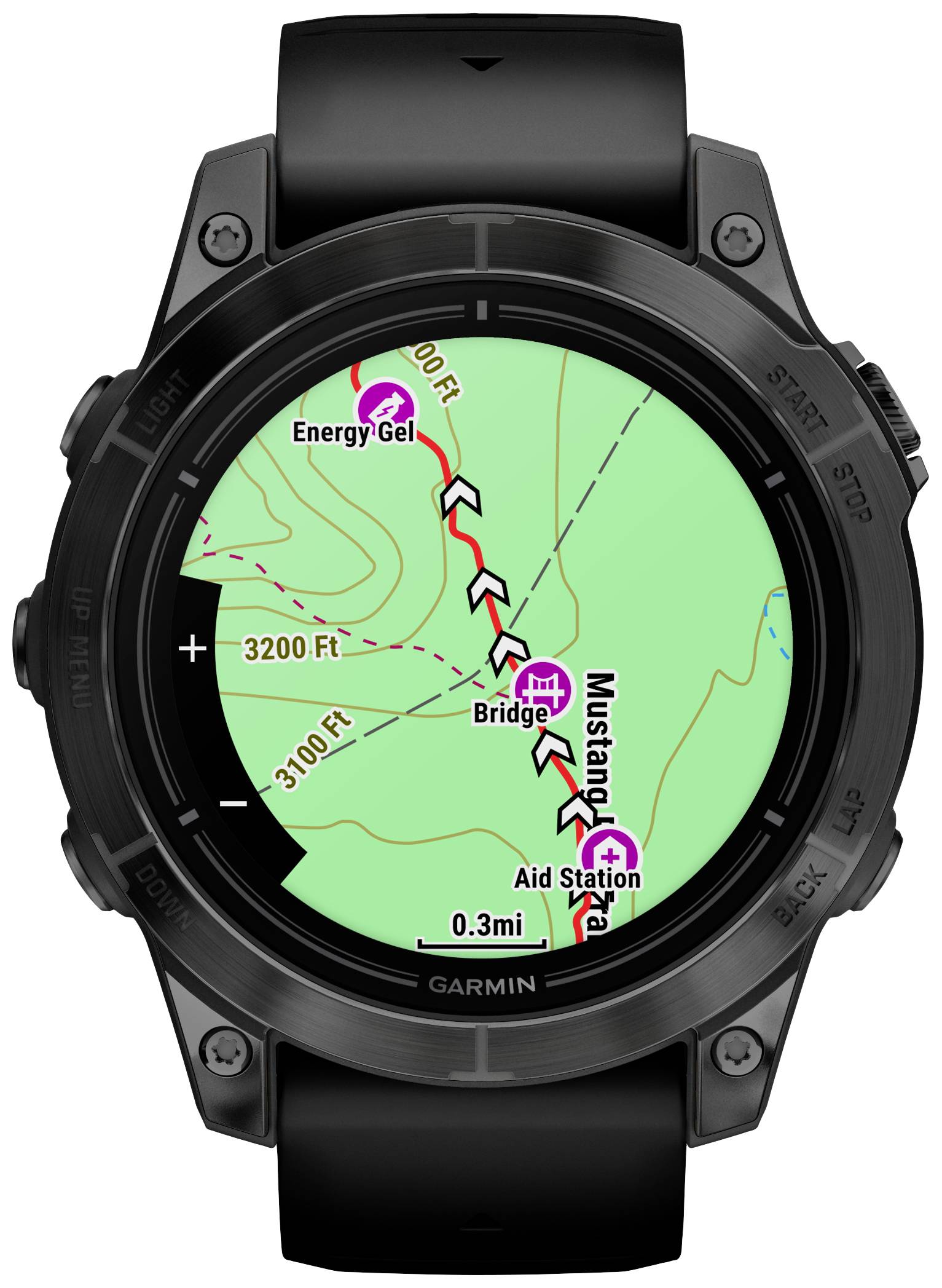 GPS watch displaying a hiking map with a route, distance information and markers for 'Energy Gel', 'Bridge' and 'Aid Station'.