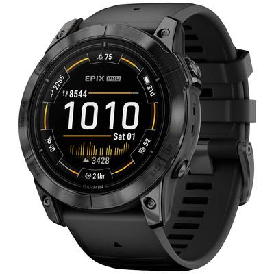 Black smartwatch with round display. Shows 'EPIX PRO', steps, heart rate and date 'Saturday 01'. Fitness tracking options visible.