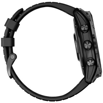 Black wristwatch viewed from the side, featuring three visible buttons and a robust design, suitable for sporting activities.