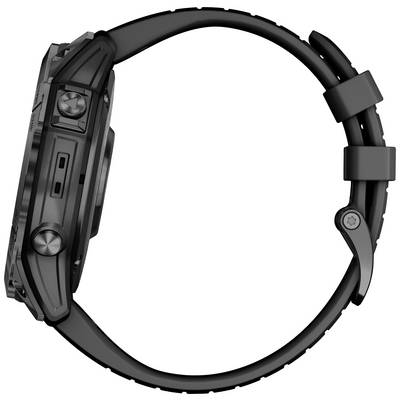 Side profile of a black, digital sports watch with a robust design and multiple control buttons; focus on functional versatility.