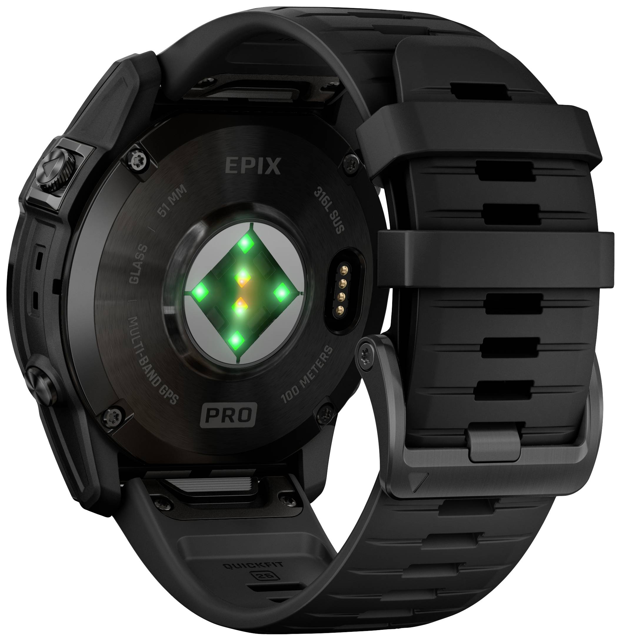 Rear view of a black sports watch with green illuminated sensors on the underside of the casing and a robust strap.