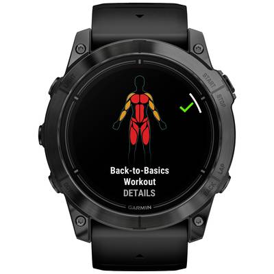 A black sports watch displays a training screen with a stylised human figure. Areas of the body are colour-coded. The text on the screen reads 'Back-to-Basics Workout DETAILS' with a green tick on the right.