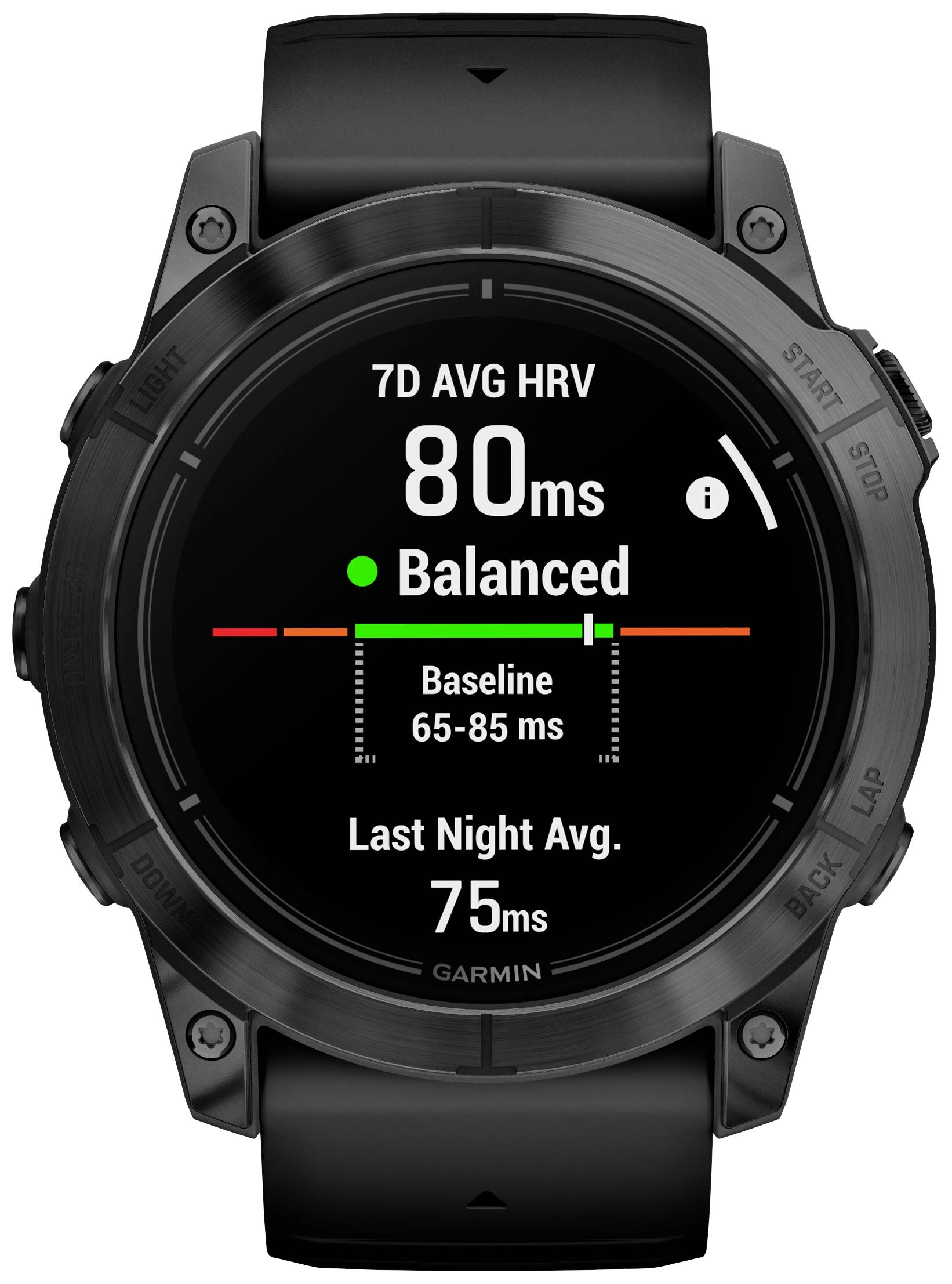 Black wristwatch displaying: '7D AVG HRV 80 ms, Balanced, Baseline 65-85 ms, Last Night Avg.'