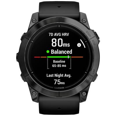 Black wristwatch displaying: '7D AVG HRV 80 ms, Balanced, Baseline 65-85 ms, Last Night Avg.'