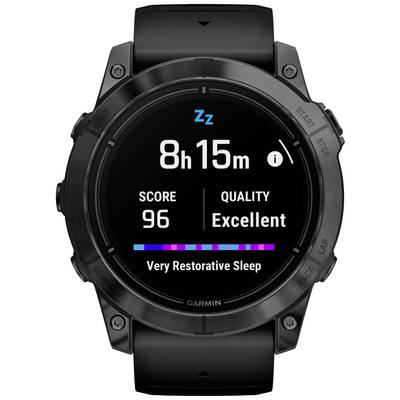 Black smartwatch shows sleep analysis: 8h 15min sleep, score 96, quality 'Excellent', very restorative sleep.