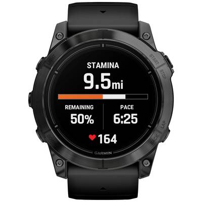 A black fitness band displays 'STAMINA 9.5 mi', 'REMAINING 50%', 'PACE 6:25', 'Heart Rate 164'.