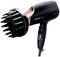 Black hair dryer with air distribution attachment, side view. Control buttons on the handle.