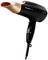 'Black and copper hair dryer viewed from the side. Device has a detachable attachment and several control buttons on the handle.'