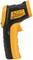 A yellow and black infrared thermometer with laser warning symbols. Suitable for non-contact temperature measurement.