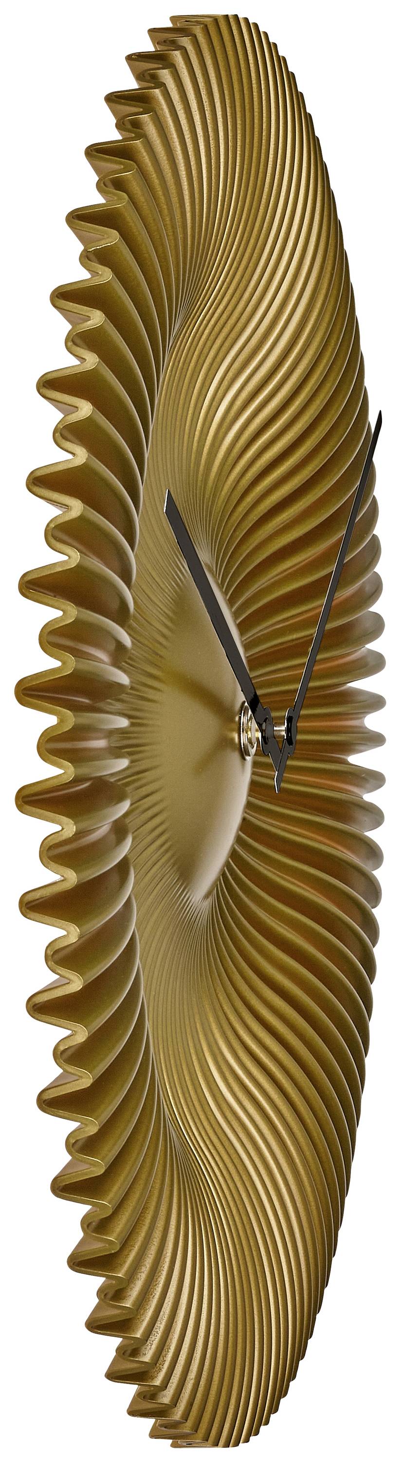 A golden wall clock with a spiral, wavy border and black hands.