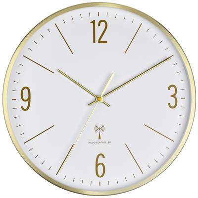 A classic wall clock with golden hands and numerals in a minimalist design shows 10:10.