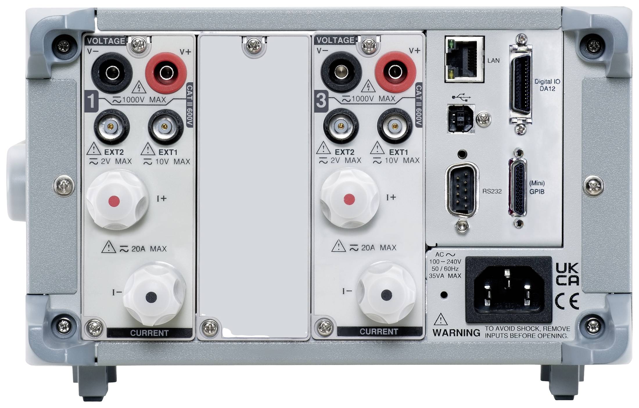 Measuring device with three voltage and two current connections, mains connection and RS232 interface. Suitable for electrical measurements.