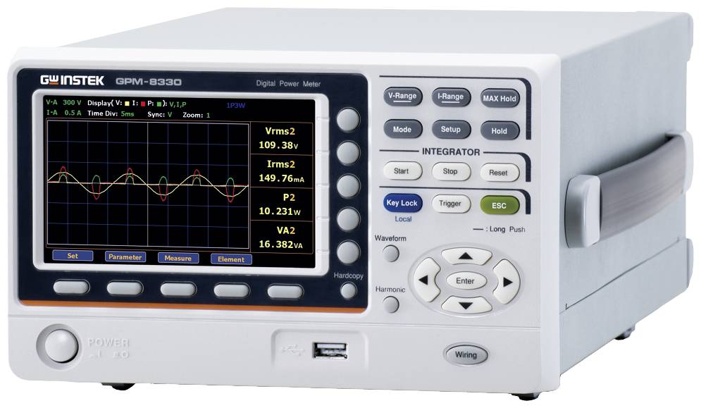 A digital measuring device with a display shows a sinusoidal wave measurement with various data values and control buttons.