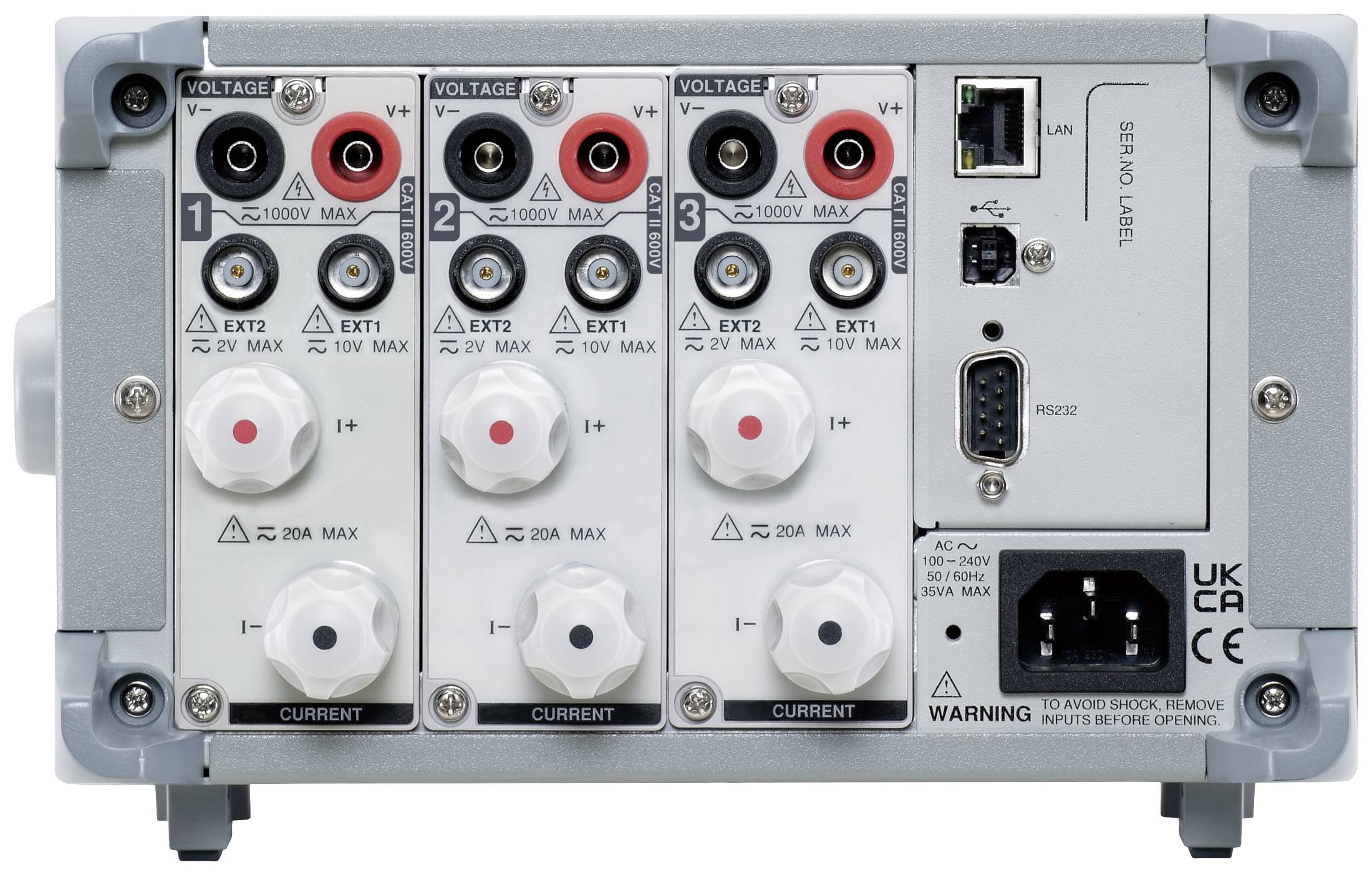 Electrical measuring device with three voltage channels and current connections. Shows connections and warning notices on the reverse side.