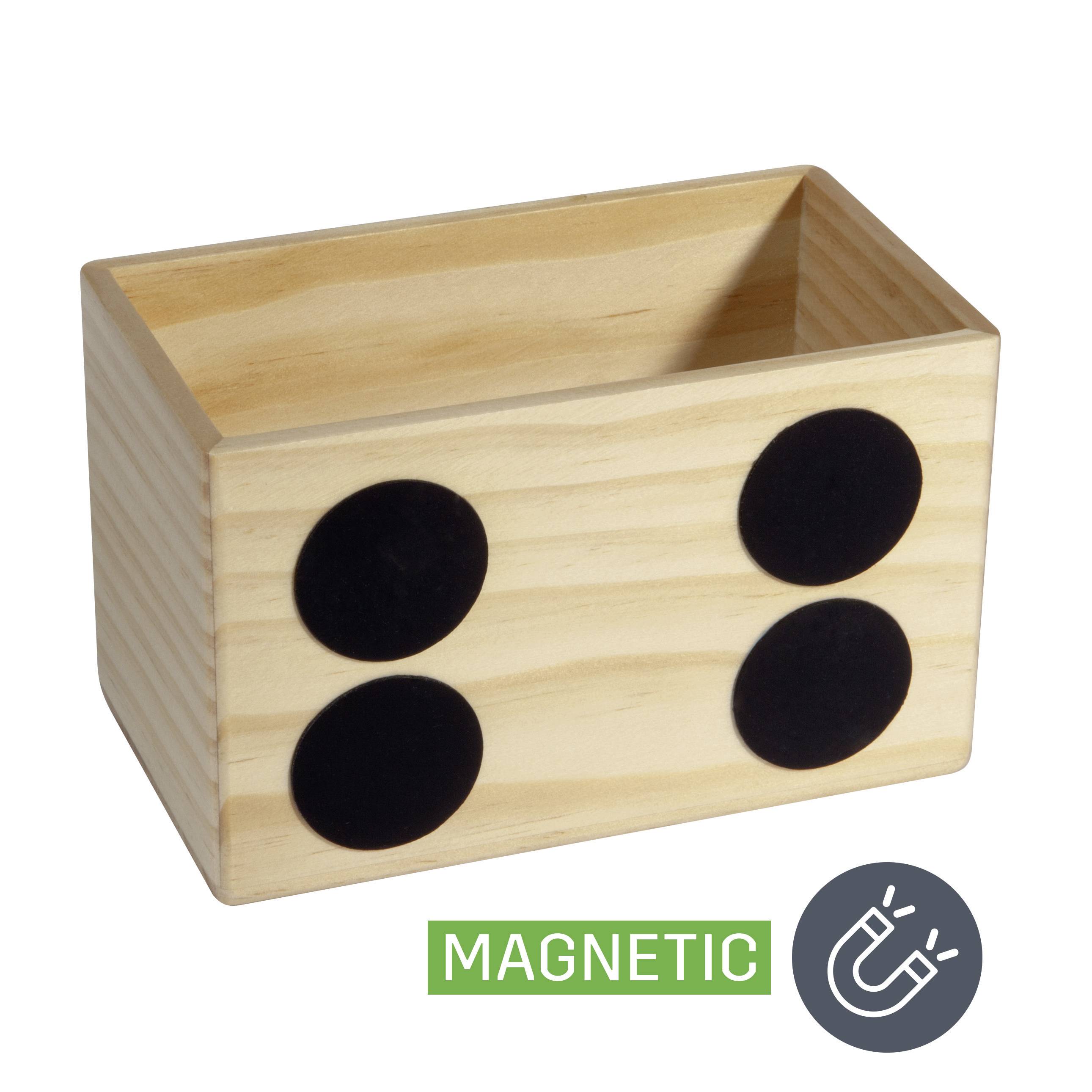 Wooden box with four black magnets on the outside. Below, an icon with a magnet symbol and the word 'MAGNETIC'.