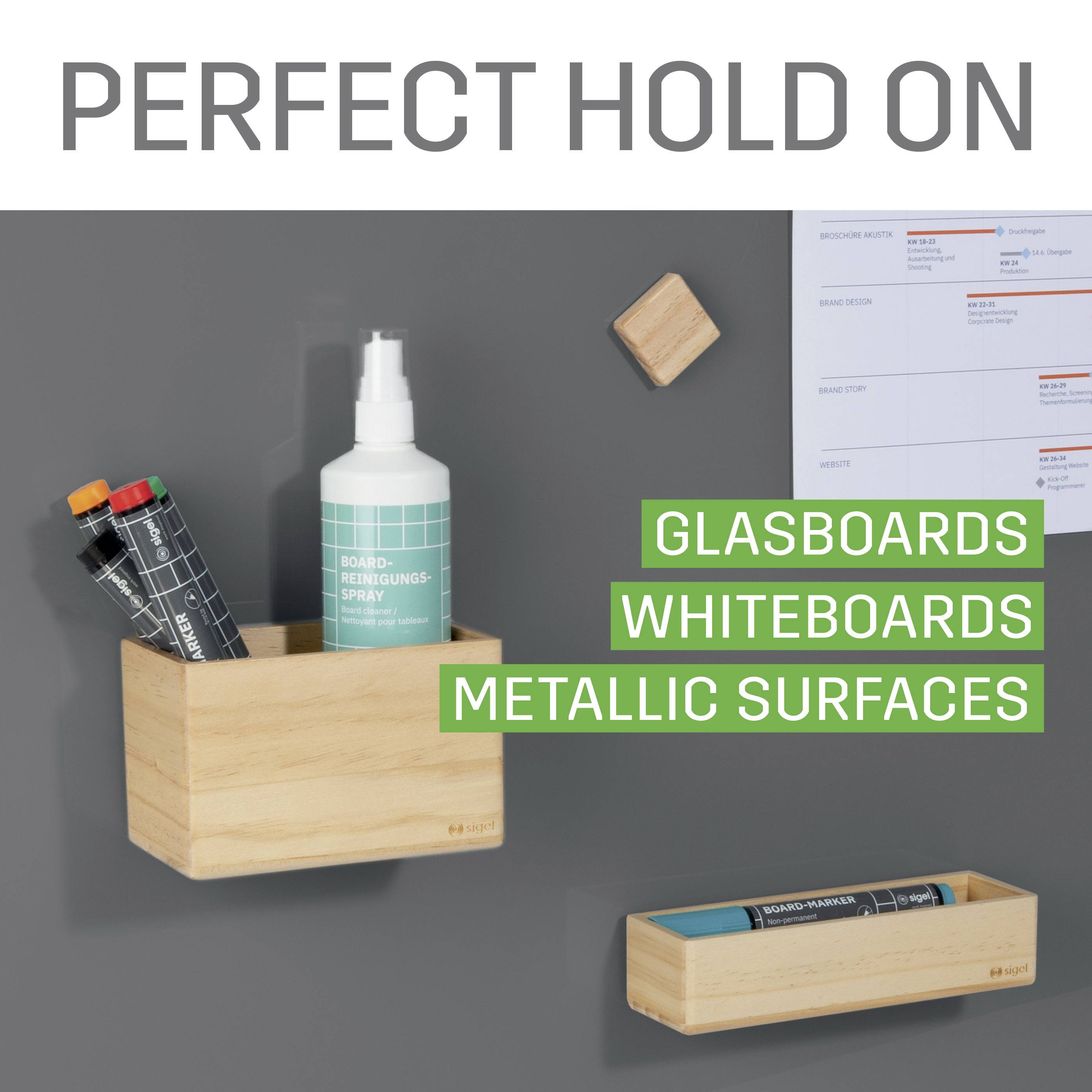 Perfect hold for glass boards, whiteboards and metal surfaces. Shown: cleaning bottle, pens, notes in wooden holder.