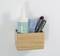 A wooden box contains a cleaning spray, a blue cloth and two whiteboard markers. They are mounted on a white wall.