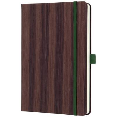 Brown notebook with wood grain texture and green closure band, vertically oriented. Suitable for notes and sketches.