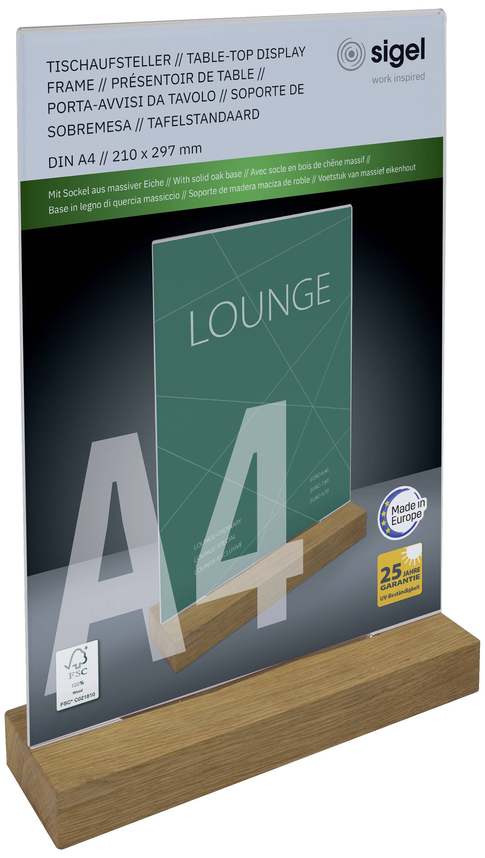 'DIN A4 Table Display Stand' with an oak wooden base. Product is 'Made in Europe' and suitable for presentations or advertisements.