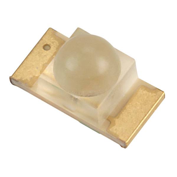A small LED component with a gold-coloured underside and a clear, dome-shaped casing above it.