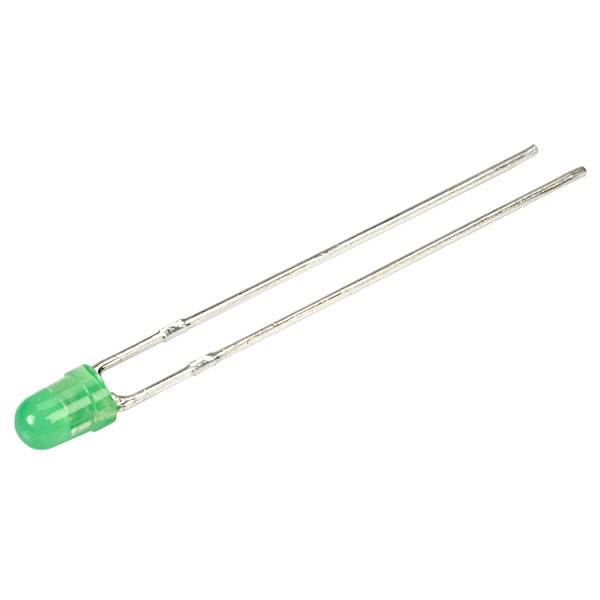 Green light-emitting diode (LED) with two long metal legs for electrical connection.