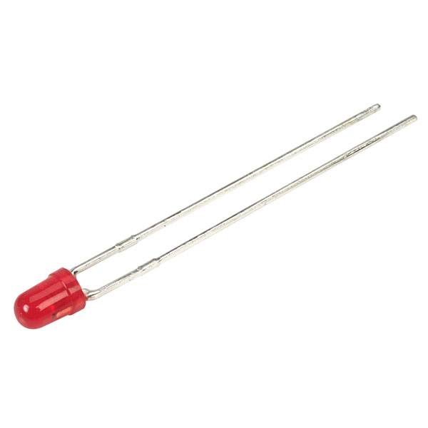 A red light-emitting diode (LED) with two long metal terminals, typically used in electronic circuits to indicate signals.