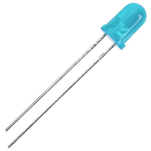 A blue LED with two metallic connections used for electronic circuits.