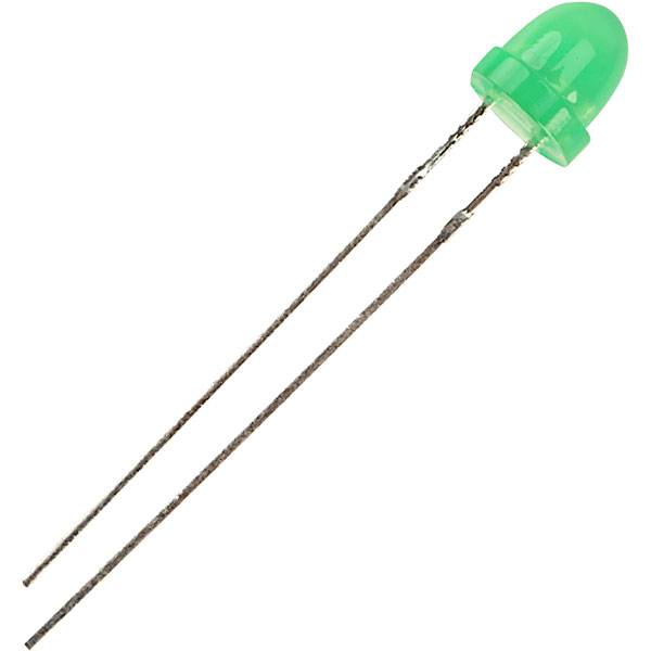 Green LED with two long metal pins, on a white background.