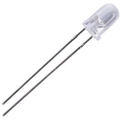 A transparent LED with two metal terminals, typically used in electronic circuits.