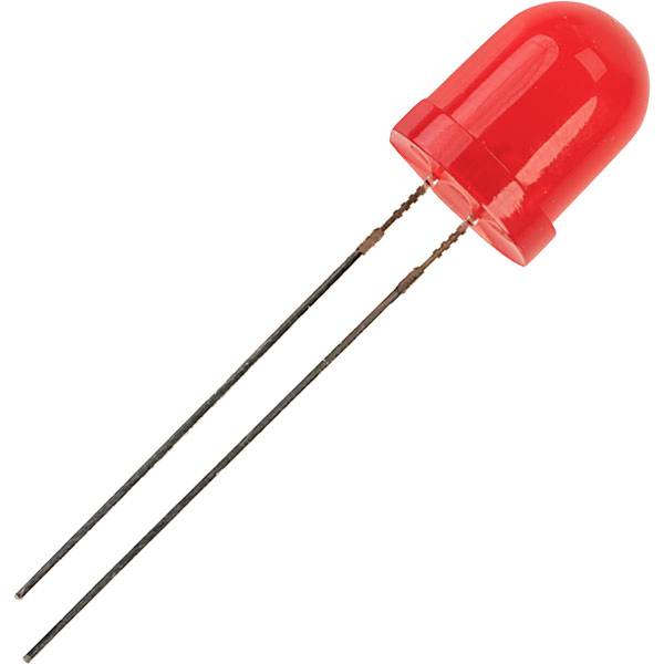 Red light-emitting diode (LED) with two long metal leads that serve for electrical connection.