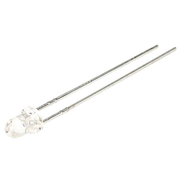 'Close-up of a transparent LED with two metal legs used for electronic circuits.'