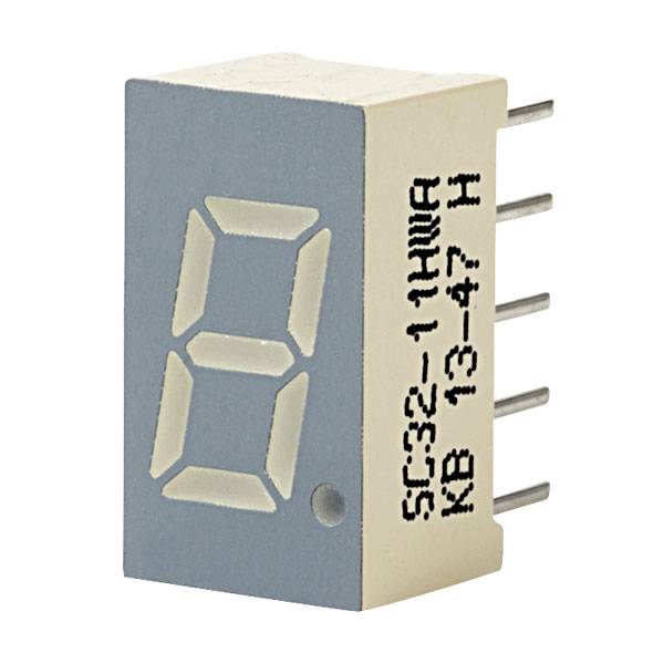 A seven-segment LED display showing the digit 0. Electronic component with four pin connectors on the right-hand side.