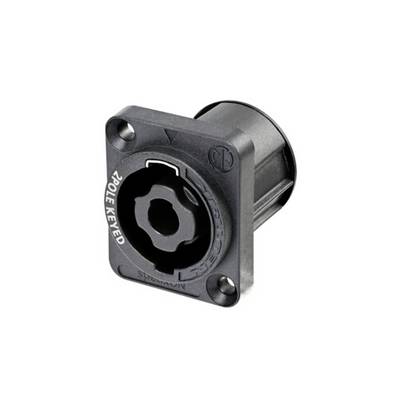 Black Speakon socket with 4-pole connection in a square housing, suitable for cabling in professional audio applications.
