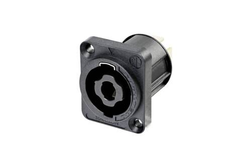 A black audio socket in a square housing, with three holes and mounting holes at the corners.