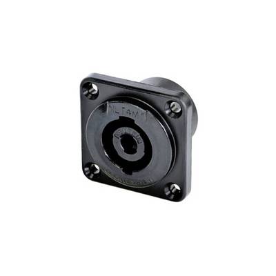 A black square connector with four mounting holes, featuring a round connection in the centre; technical component.