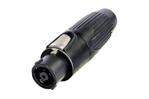 A black, cylindrical audio plug adapter with a textured grip and metal locking mechanism, used for connecting audio cables.