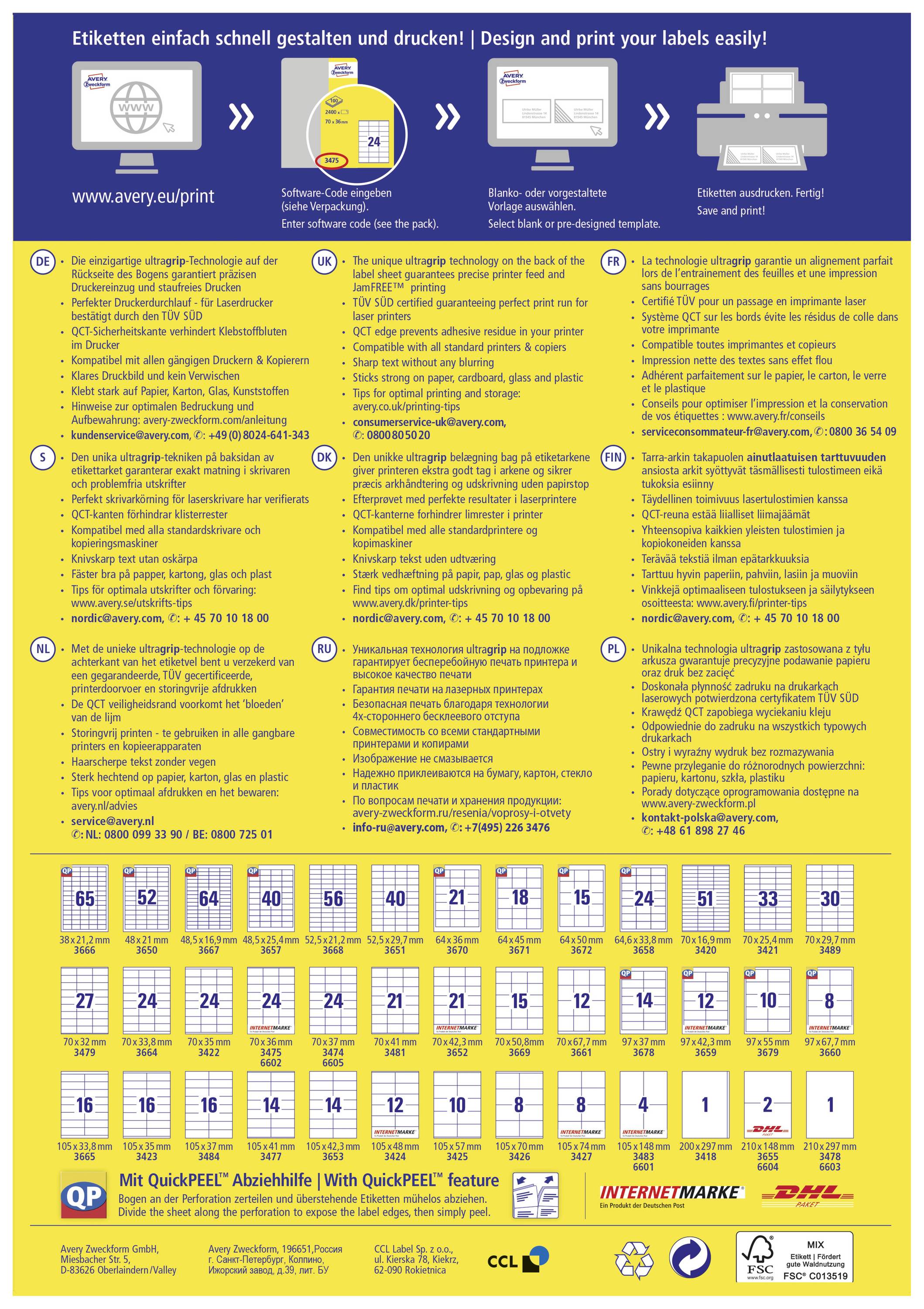 'Design and Print Labels Quickly and Easily!' provides a guide for creating and printing labels with QuickPEEL functionality. Includes contact information and illustrations for clarification.