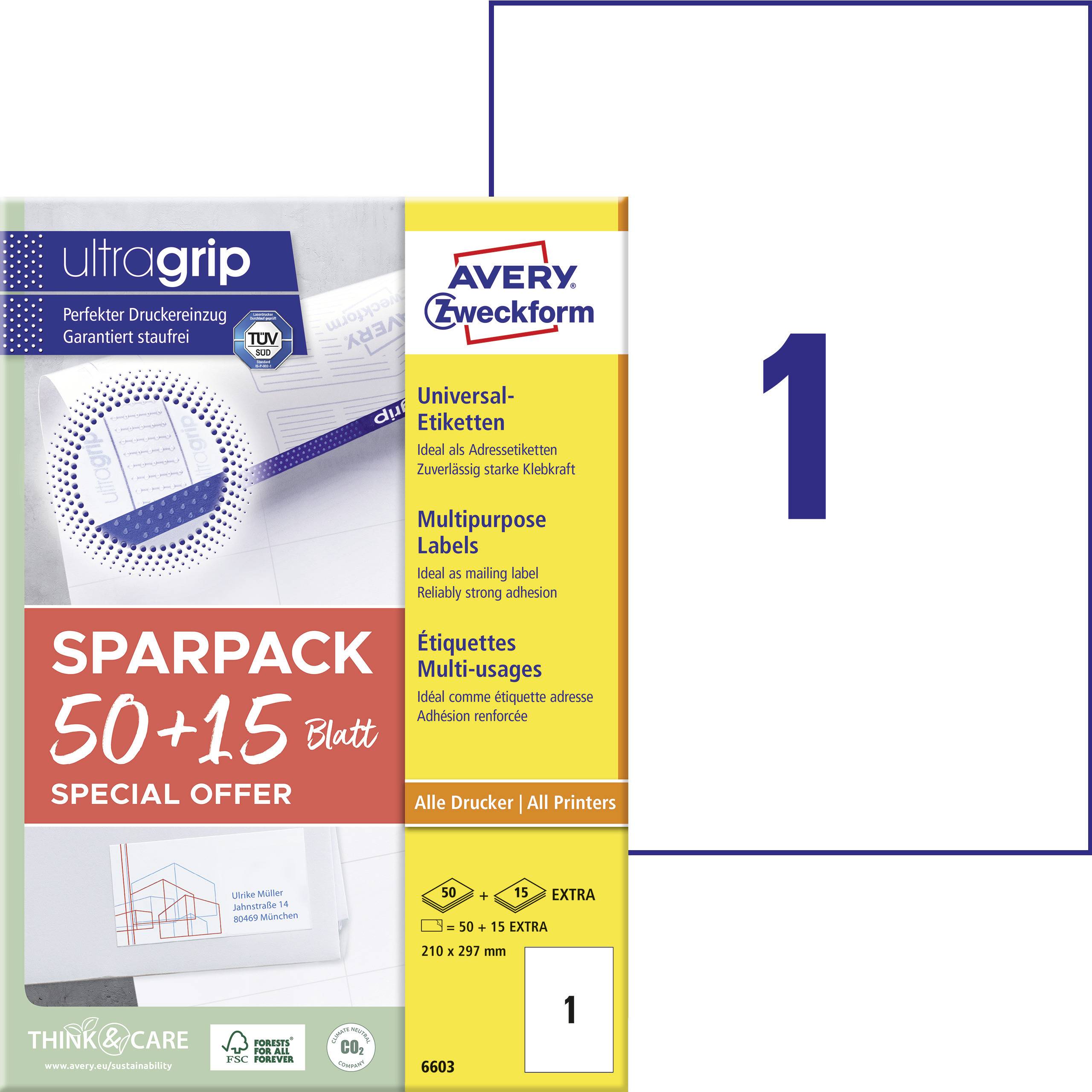 Avery-Zweckform 6603 All-purpose labels 210 x 297 mm Paper White 65 pc(s) Permanent adhesive Laser, colour, Laser printer
