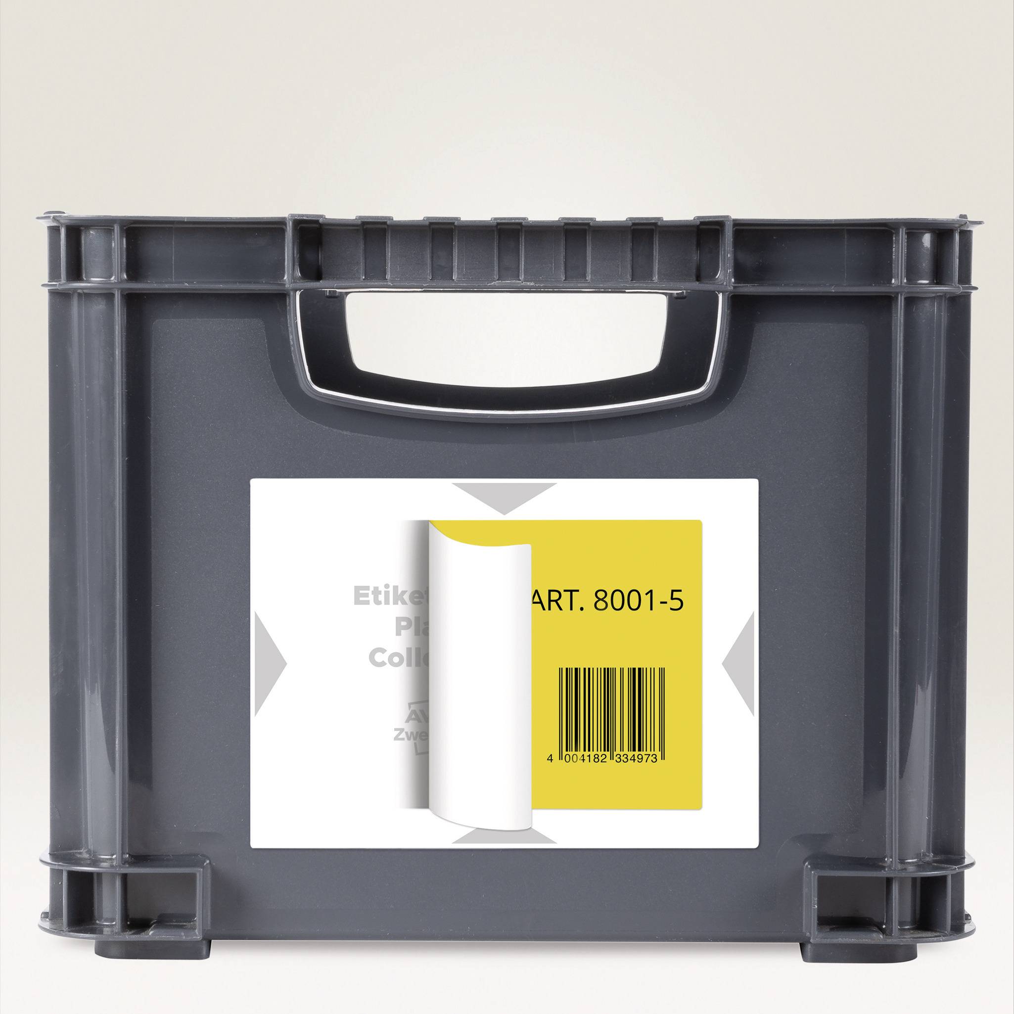 Grey storage box with handle, with a large, partially peeled-off label featuring a barcode and article number 'ART. 8001-5'.