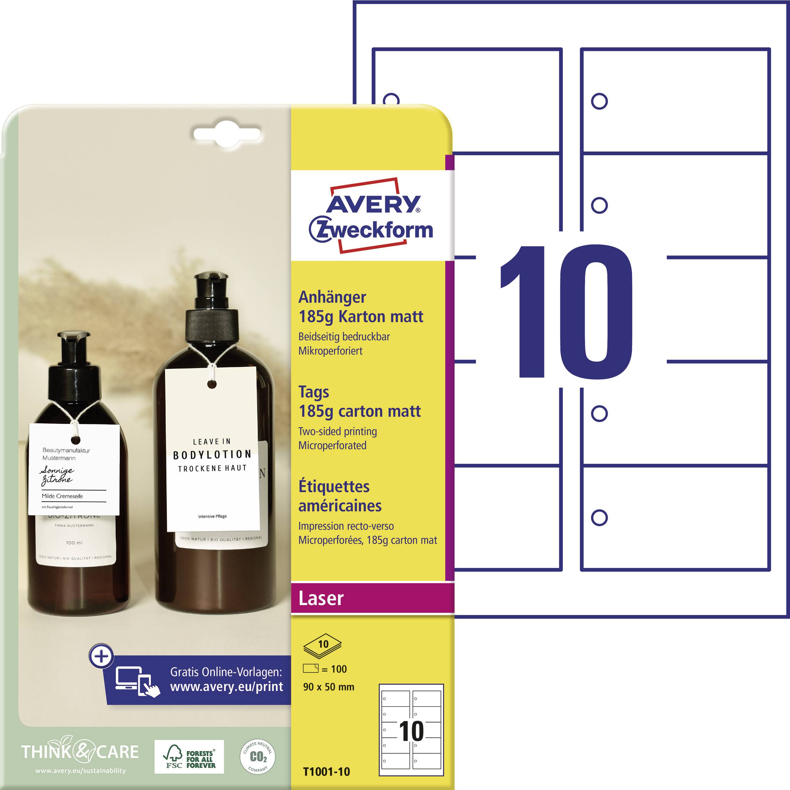 Avery-Zweckform T1001-10 Tags 90 x 50 mm Cardboard White 100 pc(s) Non-adhesive Laser, colour, Laser printer