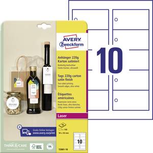 Avery-Zweckform T2001-10 Tags 90 x 50 mm Cardboard Ultra white 100 pc(s) Non-adhesive Laser, colour, Laser printer