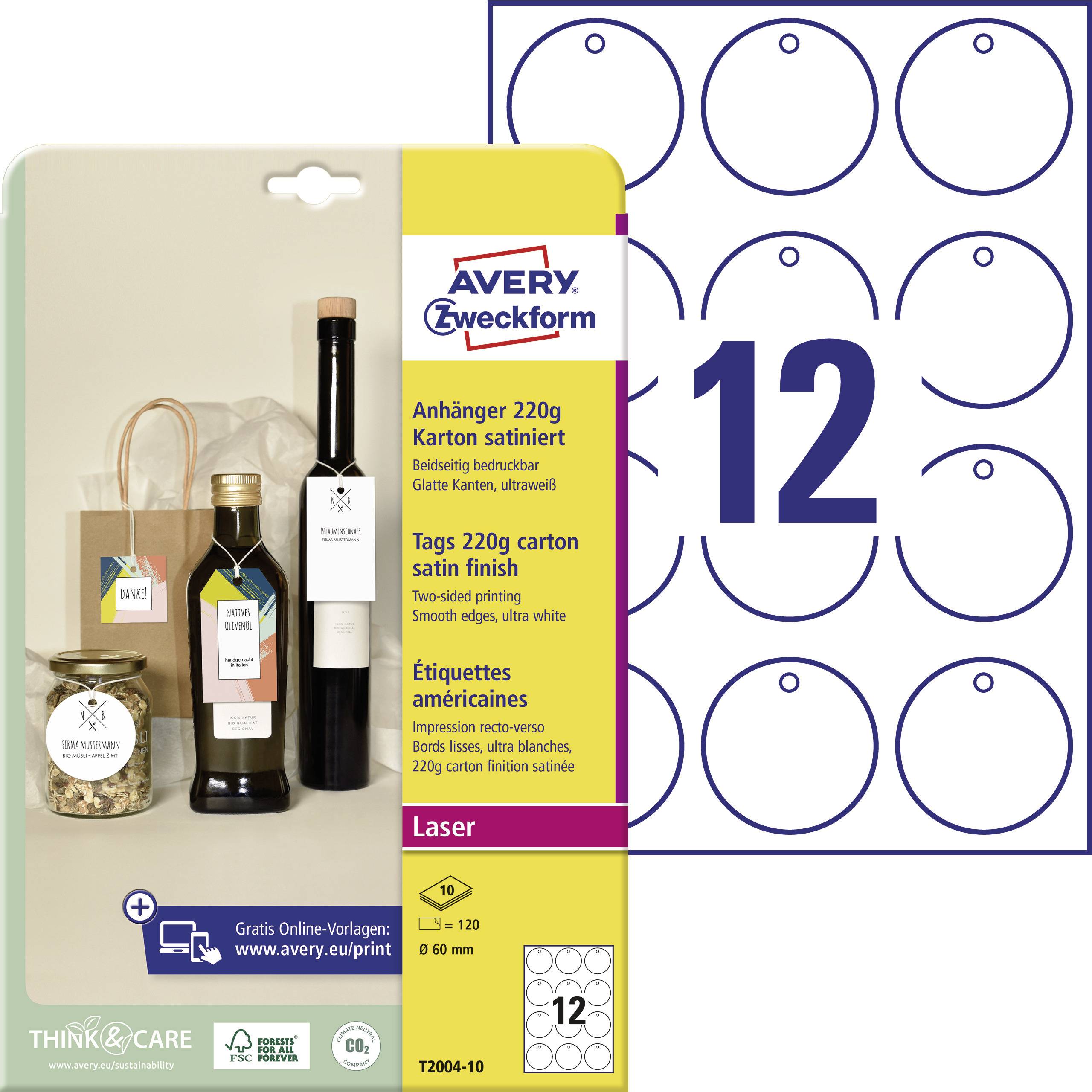 Avery-Zweckform T2004-10 Tags Ø 60 mm Cardboard Ultra white 120 pc(s) Non-adhesive Laser, colour, Laser printer