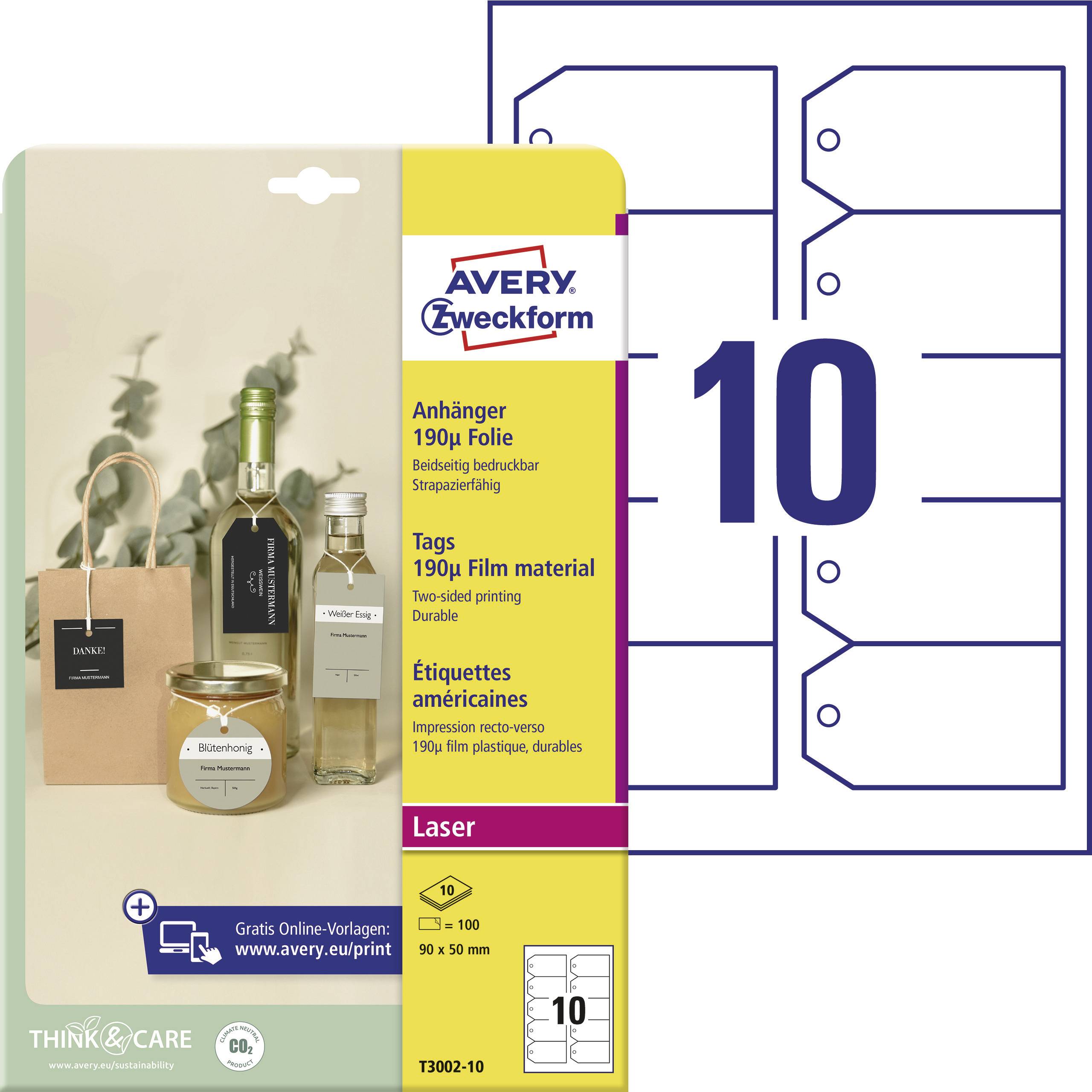 Avery-Zweckform T3002-10 Tags 90 x 50 mm Polyester White 100 pc(s) Non-adhesive Laser, colour, Laser printer