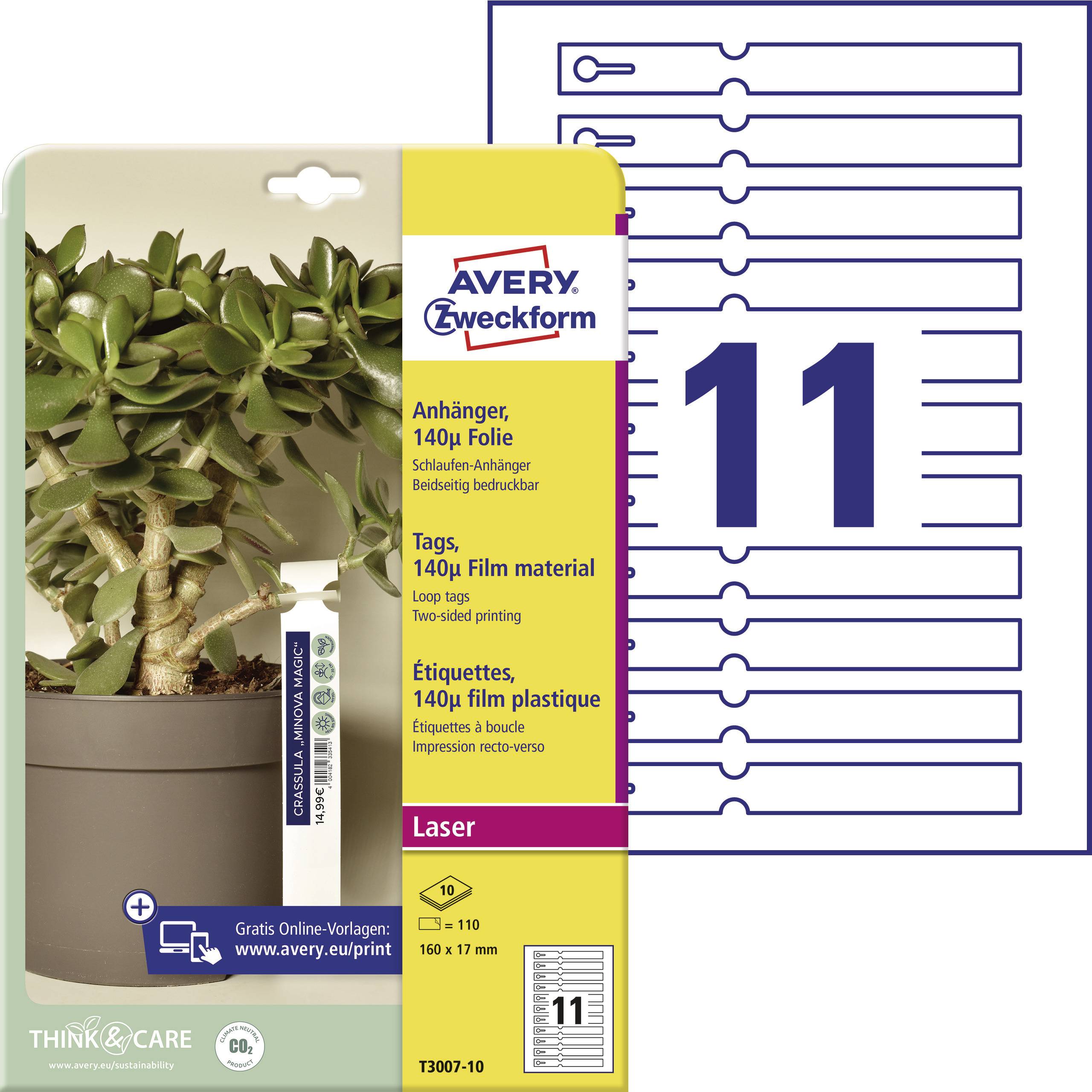 Avery-Zweckform T3007-10 Loop lock labels 160 x 17 mm Polyester White 110 pc(s) Non-adhesive Laser, colour, Laser printer