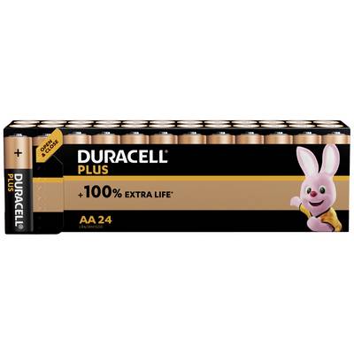 Duracell Plus Battery Pack of 24 AA Batteries. Text '100% extra life'. Duracell bunny on the right.