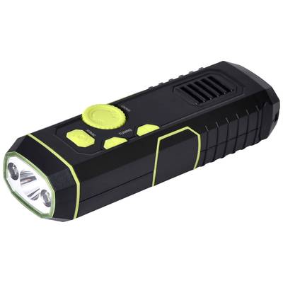 A black torch with yellow buttons and LED lights, on a white background.