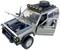 Model car of an off-road vehicle with open doors, raised bonnet, and roof rack with spare wheel and headlamps.