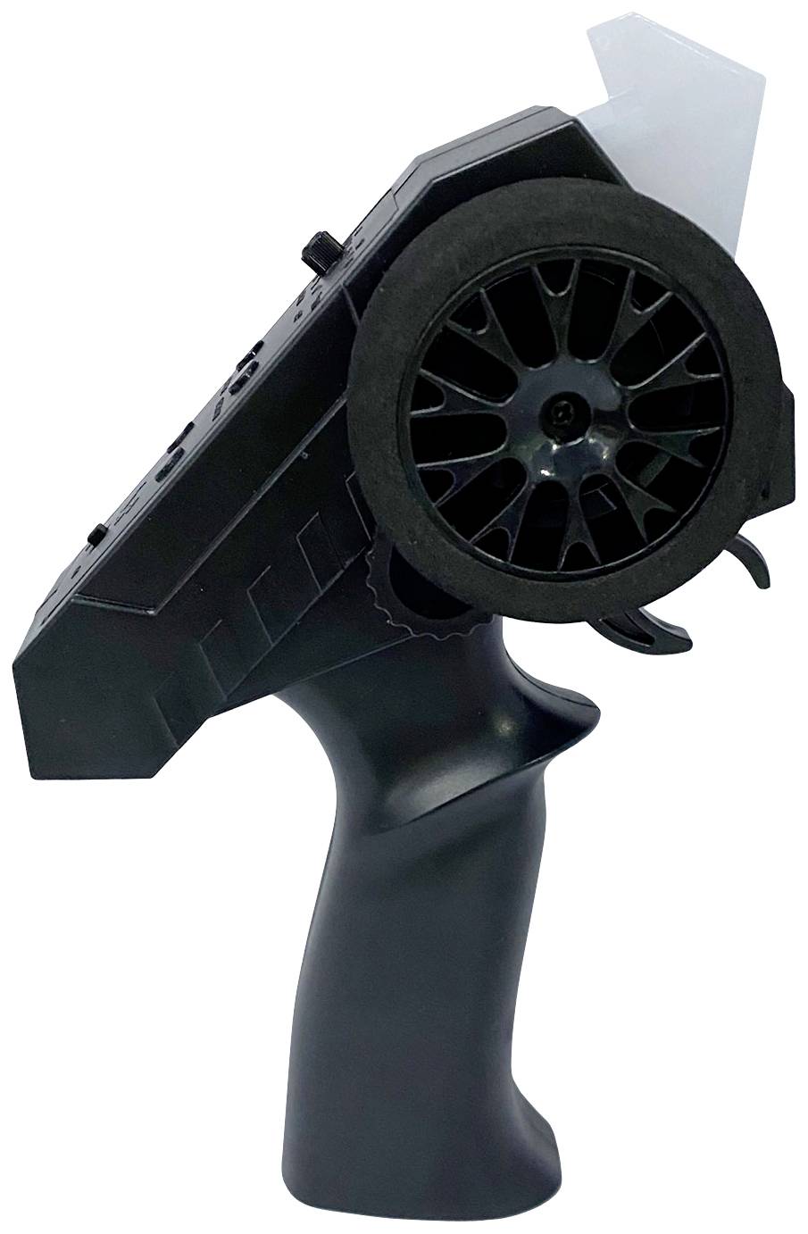Black remote control with a steering wheel-like handle and buttons on the side, for controlling remote-controlled vehicles.